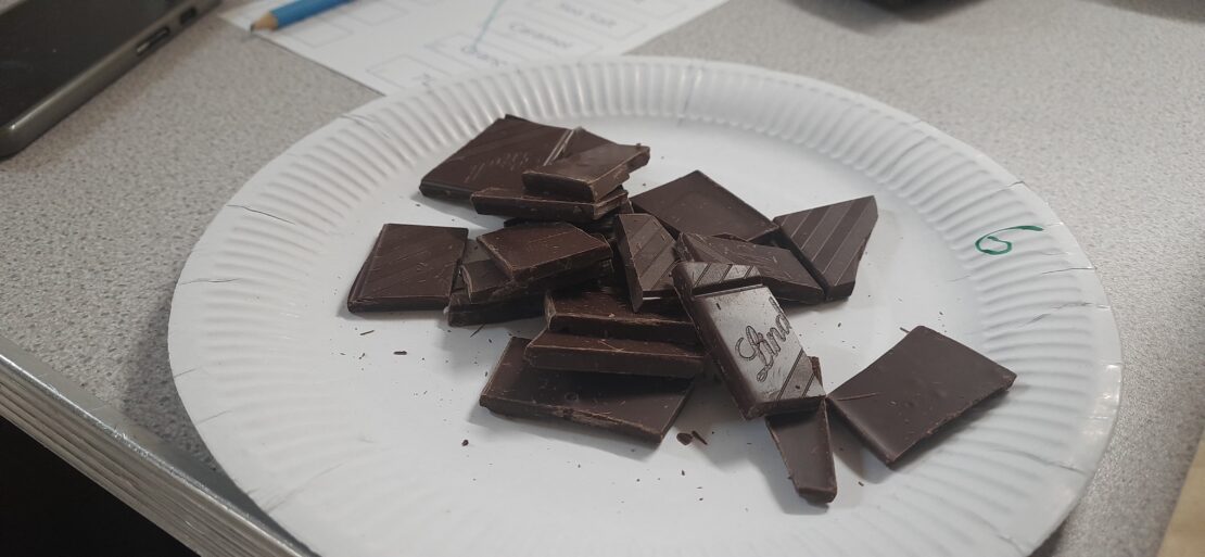 A plate of broken up pieces of chocolate