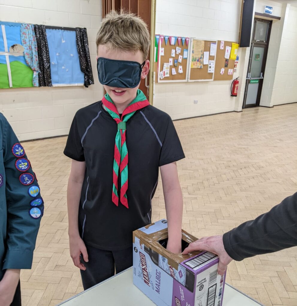 A blindfolded Scout places his hand into a cardboard box to try and identify a mystery food by touch alone.