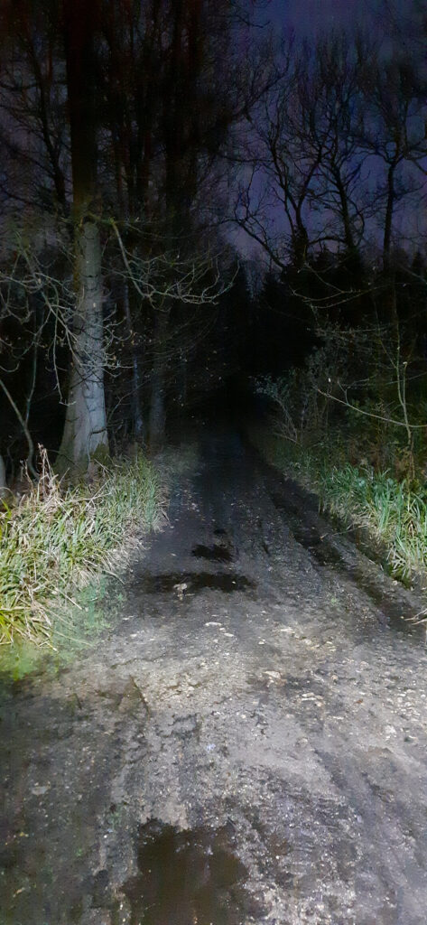 A muddy track leading to the top of the big hill at Hawley Lake.